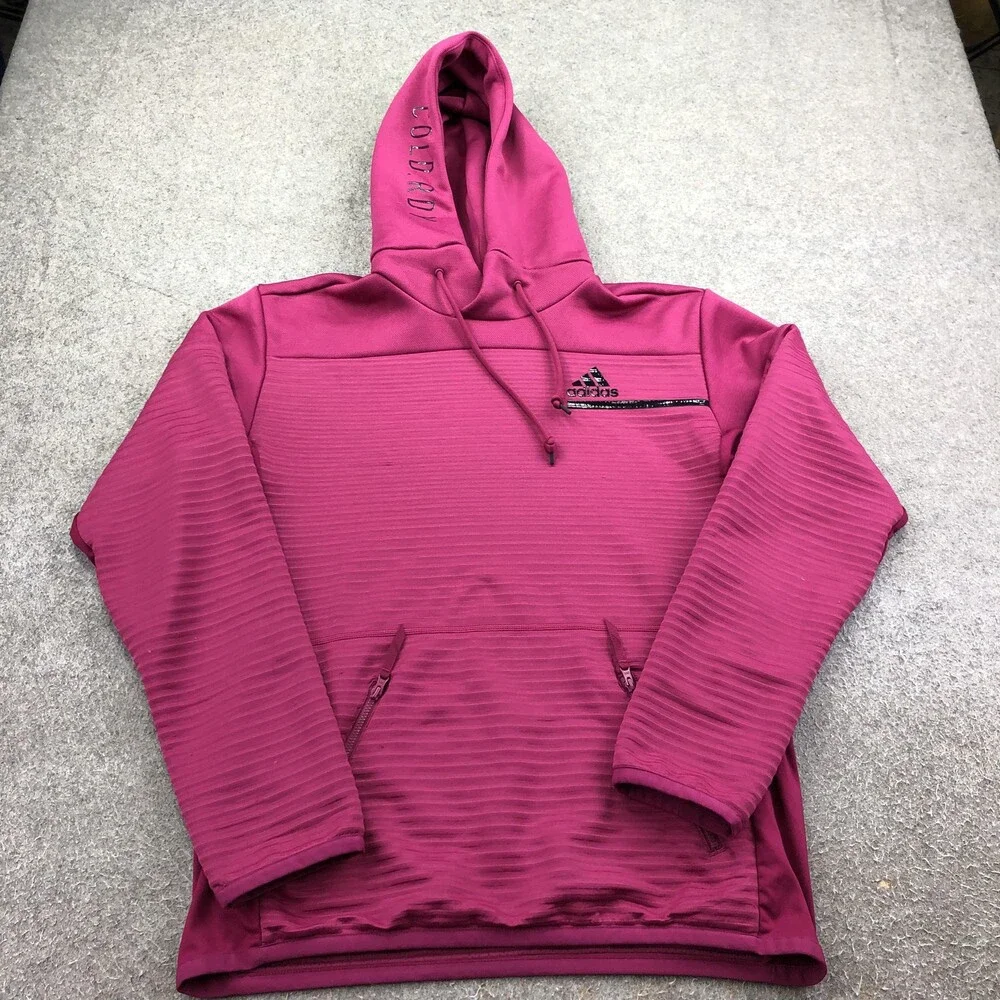 Adidas Hoodie Mens Medium Pink Pullover Fleece Sweatshirt Cold RDY Zip Pockets